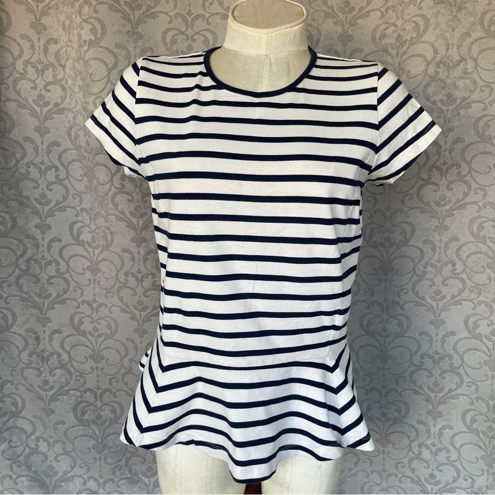 Lauren Ralph Lauren white and navy blue striped short-sleeve peplum blouse Sz PL